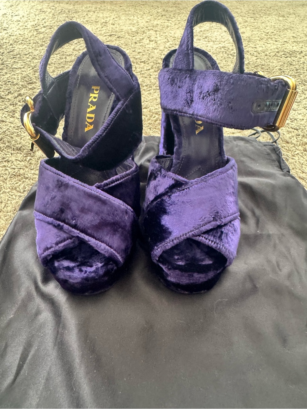Prada Purple Velvet Platform Heels with Gold Buckle